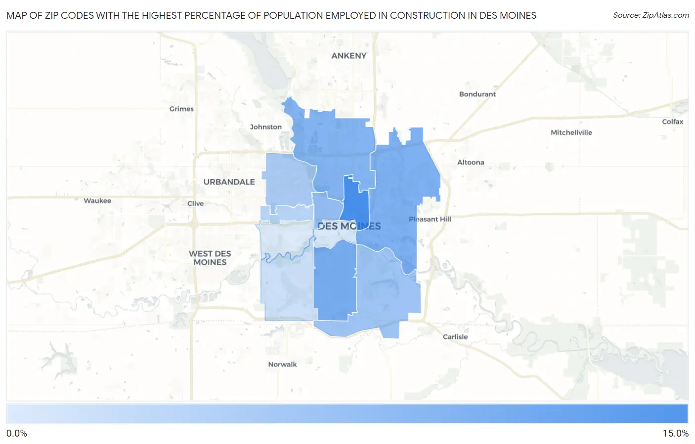 Zip Codes with the Highest Percentage of Population Employed in Construction in Des Moines Map