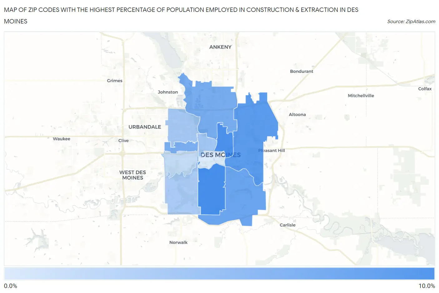Zip Codes with the Highest Percentage of Population Employed in Construction & Extraction in Des Moines Map