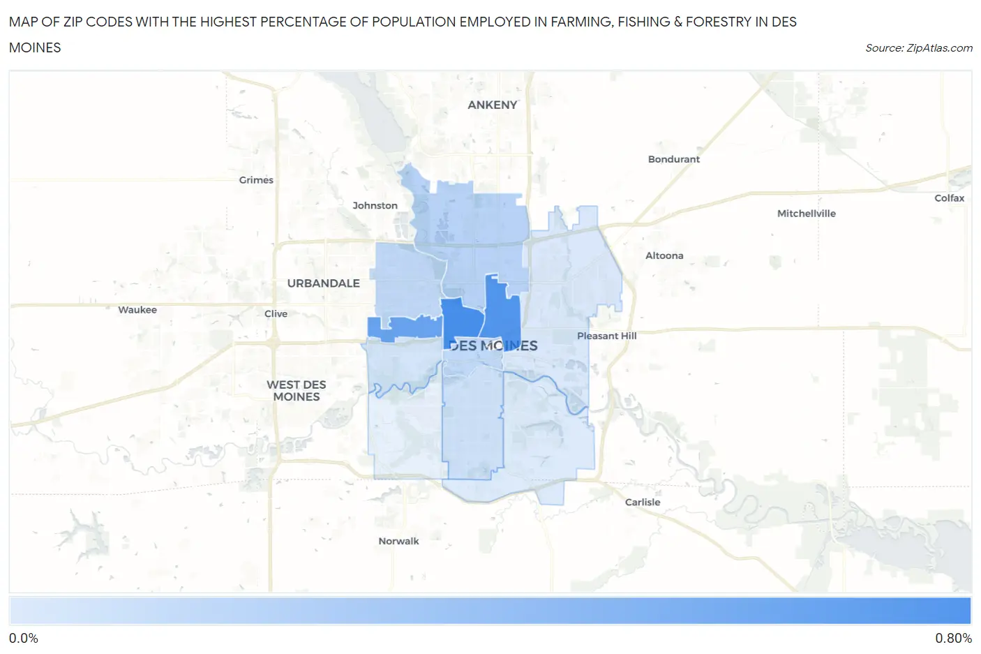 Zip Codes with the Highest Percentage of Population Employed in Farming, Fishing & Forestry in Des Moines Map