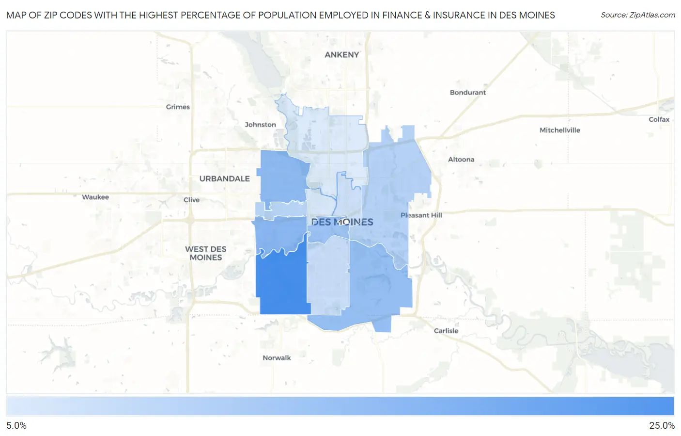Zip Codes with the Highest Percentage of Population Employed in Finance & Insurance in Des Moines Map