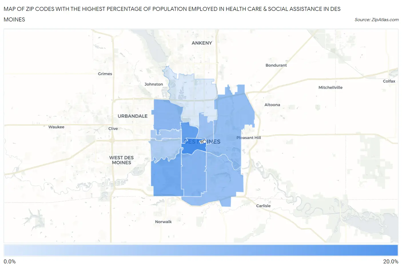 Zip Codes with the Highest Percentage of Population Employed in Health Care & Social Assistance in Des Moines Map