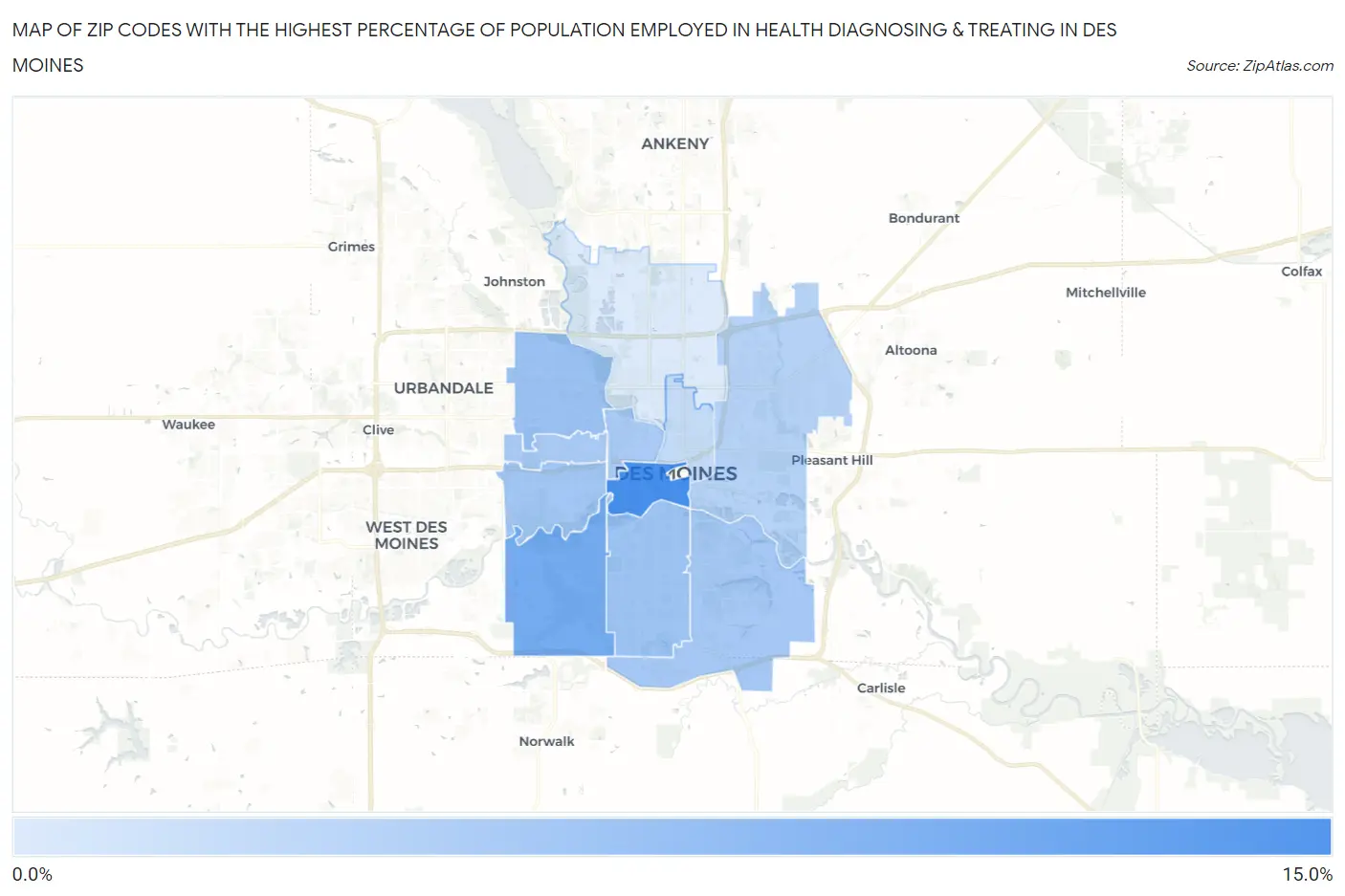 Zip Codes with the Highest Percentage of Population Employed in Health Diagnosing & Treating in Des Moines Map