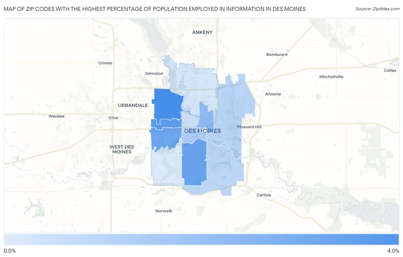 Zip Codes with the Highest Percentage of Population Employed in Information in Des Moines Map