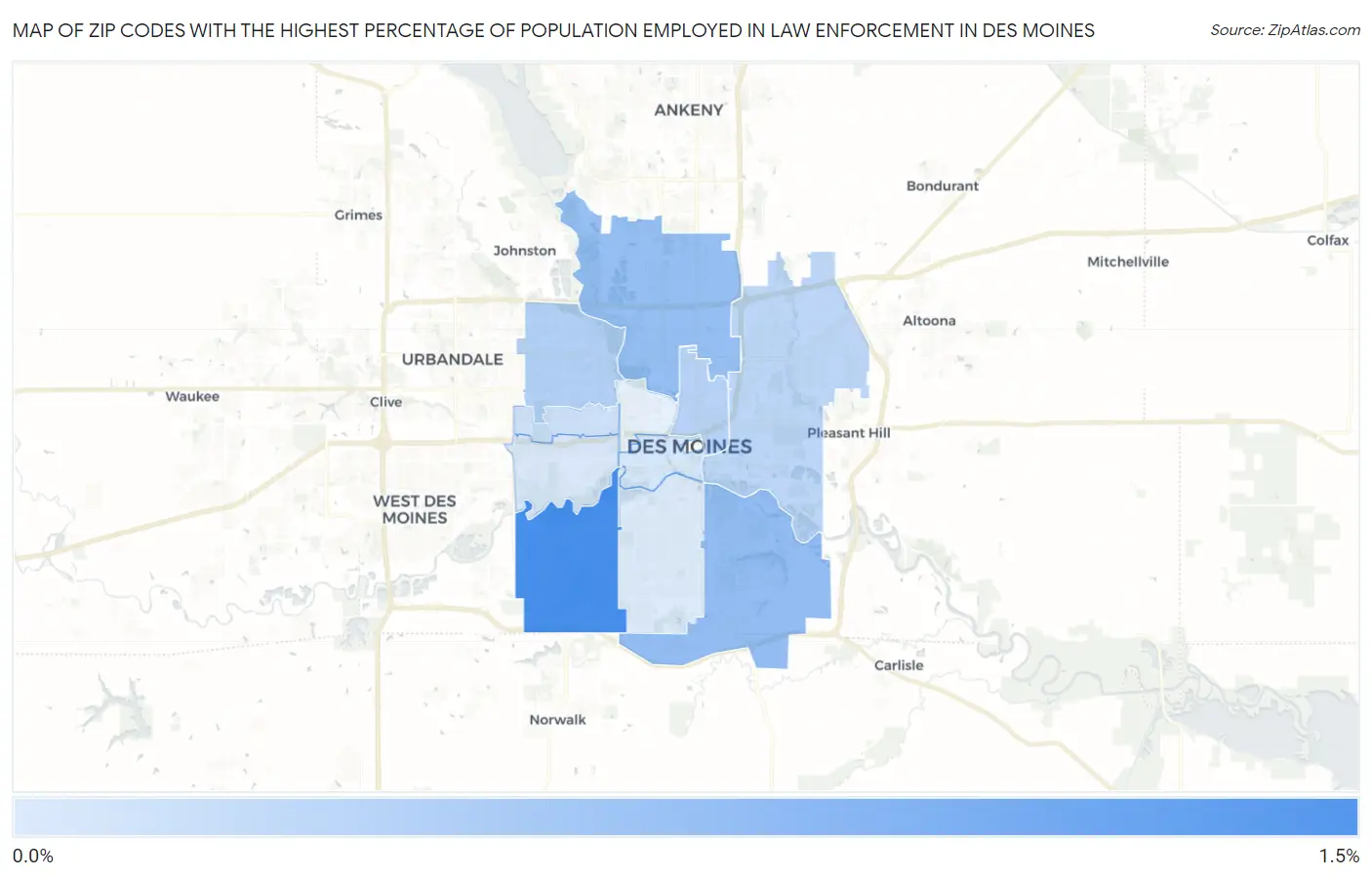Zip Codes with the Highest Percentage of Population Employed in Law Enforcement in Des Moines Map