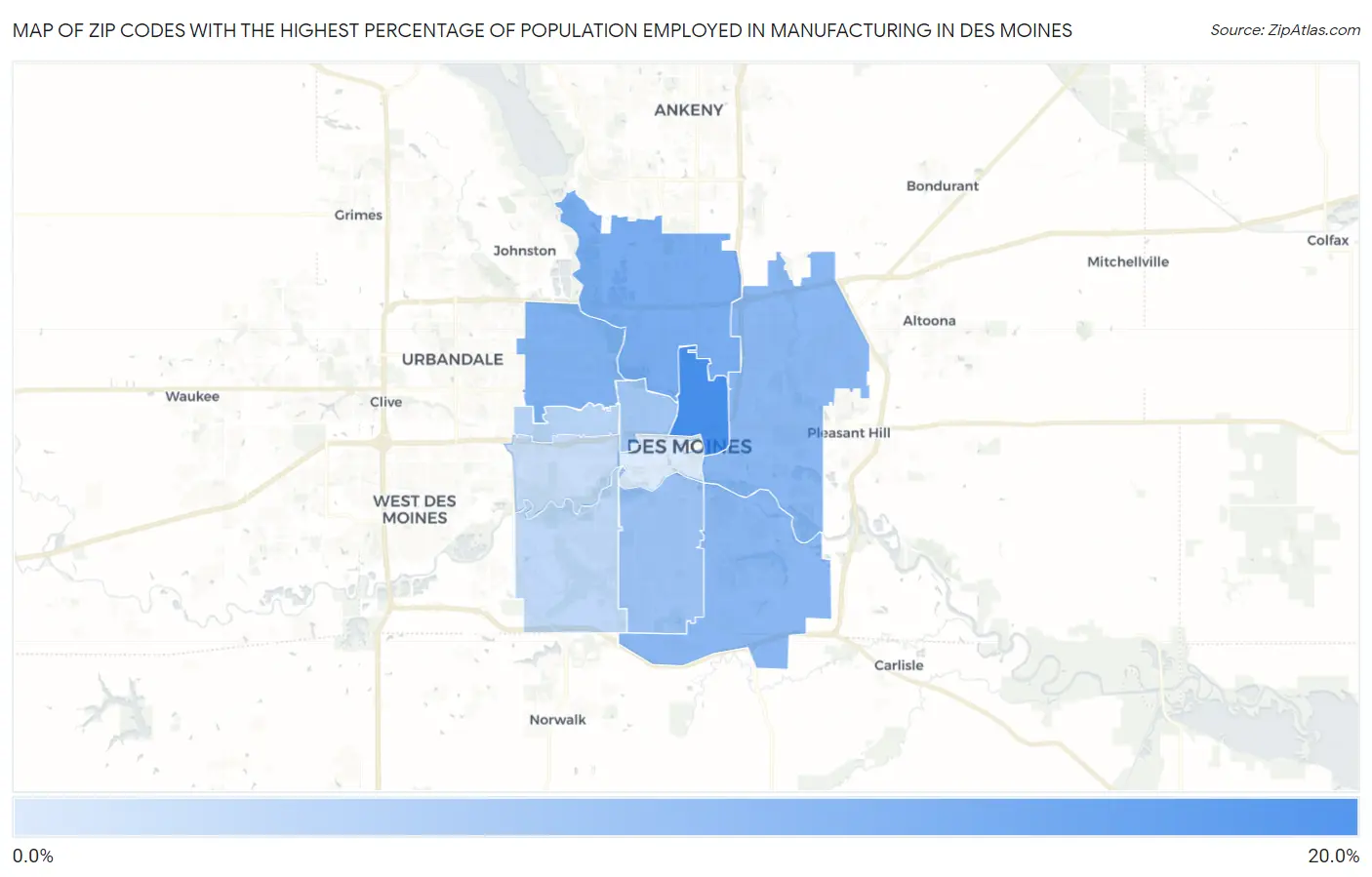 Zip Codes with the Highest Percentage of Population Employed in Manufacturing in Des Moines Map