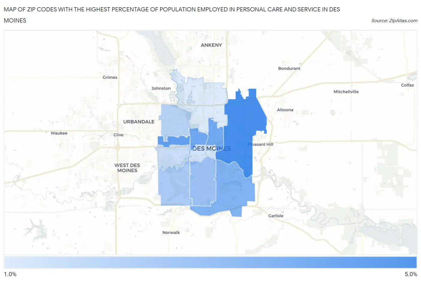 Zip Codes with the Highest Percentage of Population Employed in Personal Care and Service in Des Moines Map