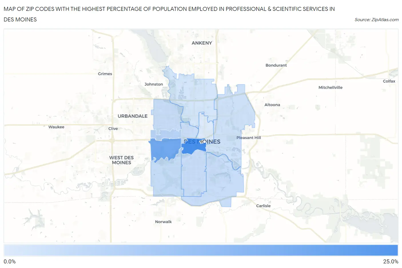 Zip Codes with the Highest Percentage of Population Employed in Professional & Scientific Services in Des Moines Map