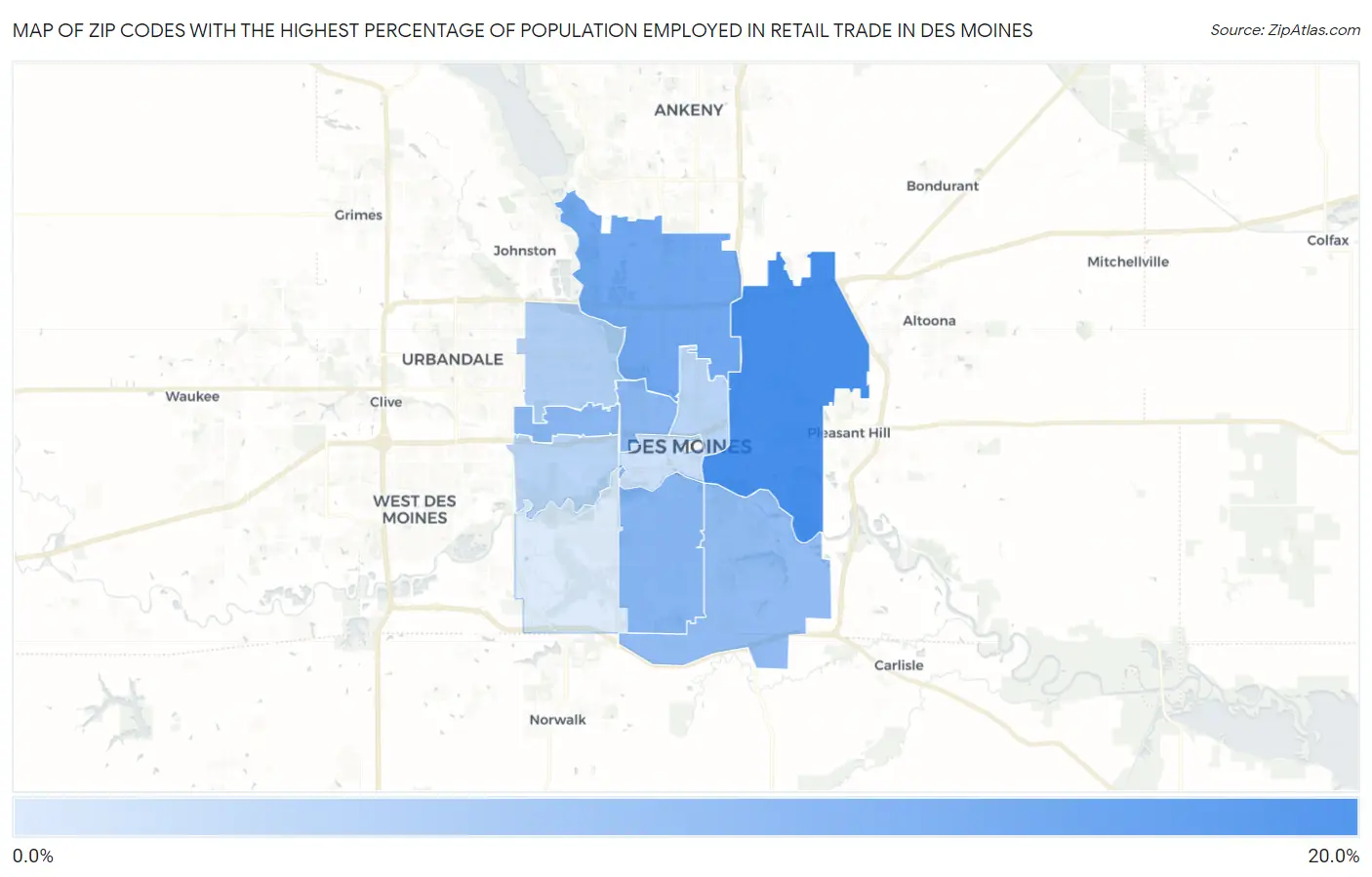 Zip Codes with the Highest Percentage of Population Employed in Retail Trade in Des Moines Map