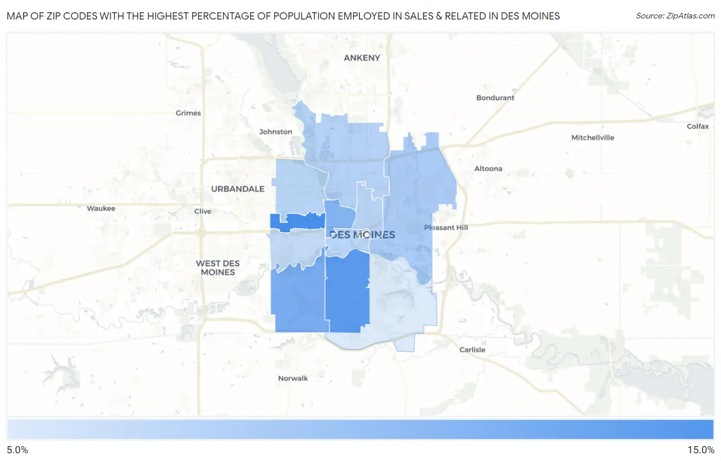 Zip Codes with the Highest Percentage of Population Employed in Sales & Related in Des Moines Map