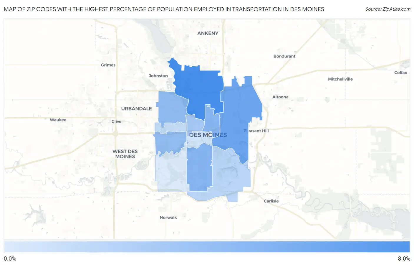 Zip Codes with the Highest Percentage of Population Employed in Transportation in Des Moines Map