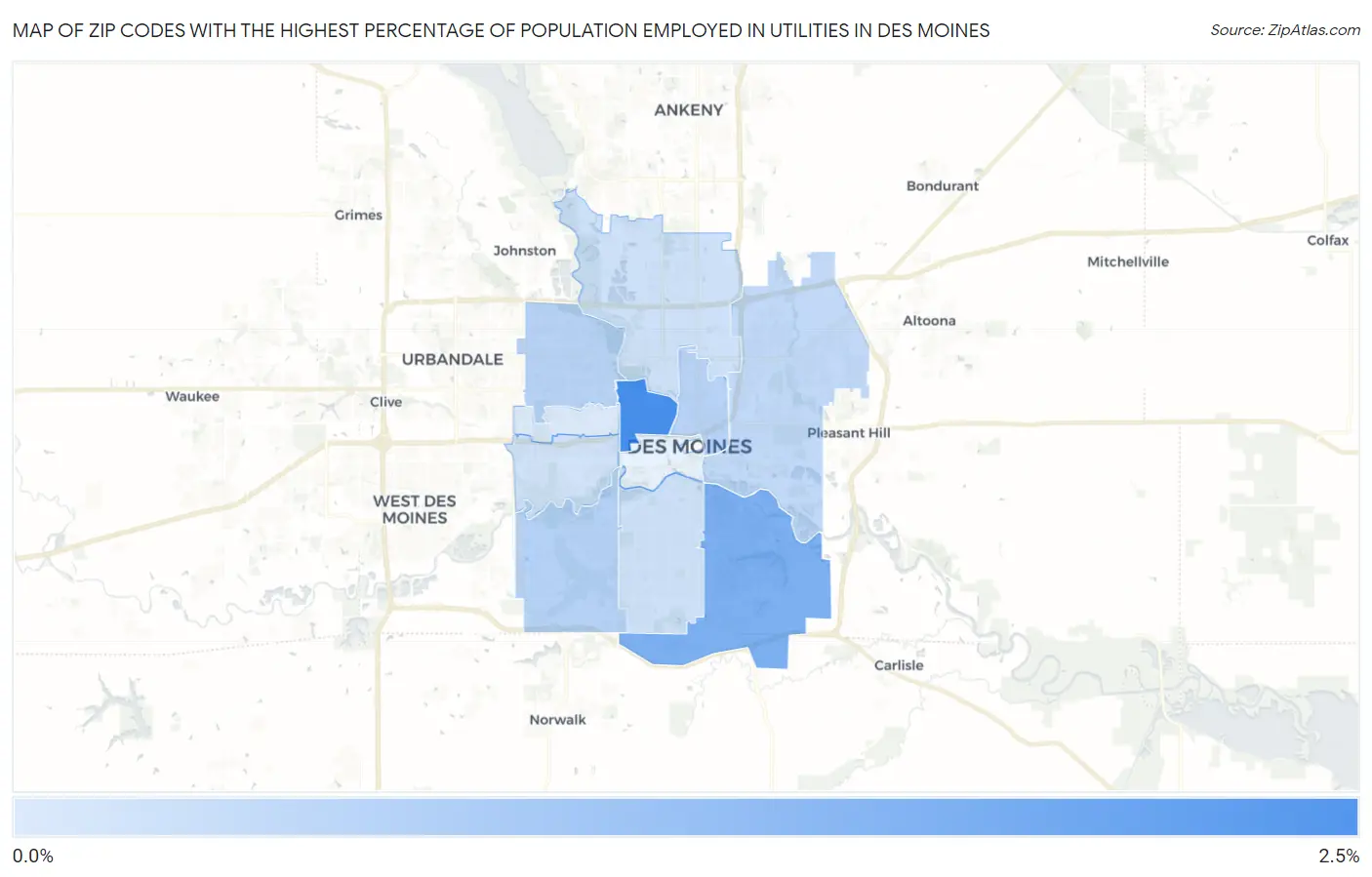 Zip Codes with the Highest Percentage of Population Employed in Utilities in Des Moines Map