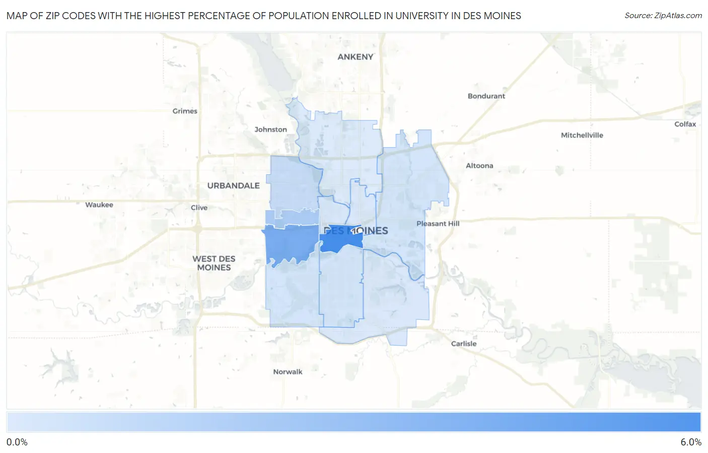 Zip Codes with the Highest Percentage of Population Enrolled in University in Des Moines Map