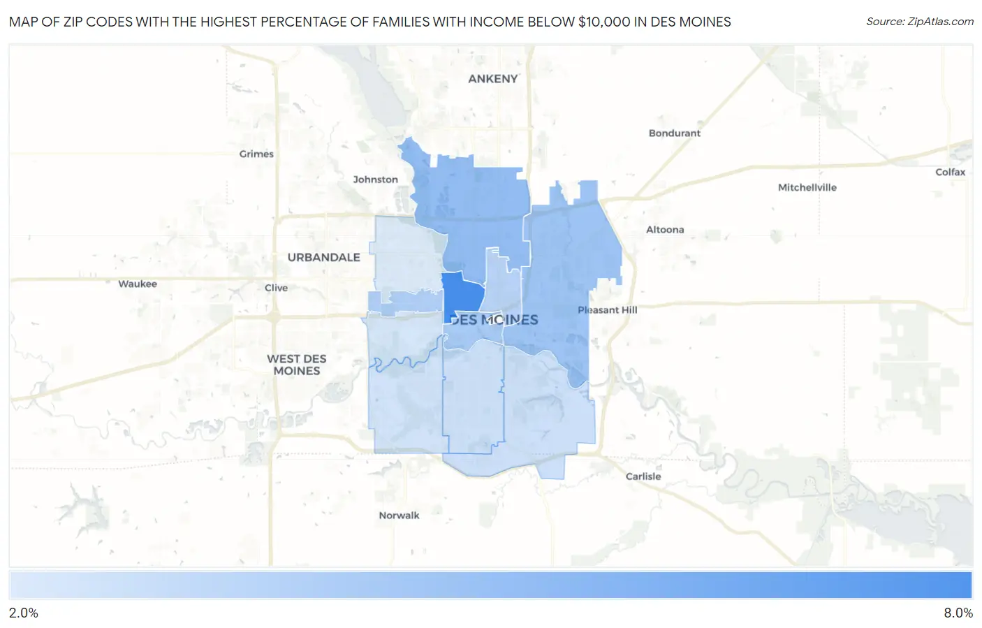 Zip Codes with the Highest Percentage of Families with Income Below $10,000 in Des Moines Map