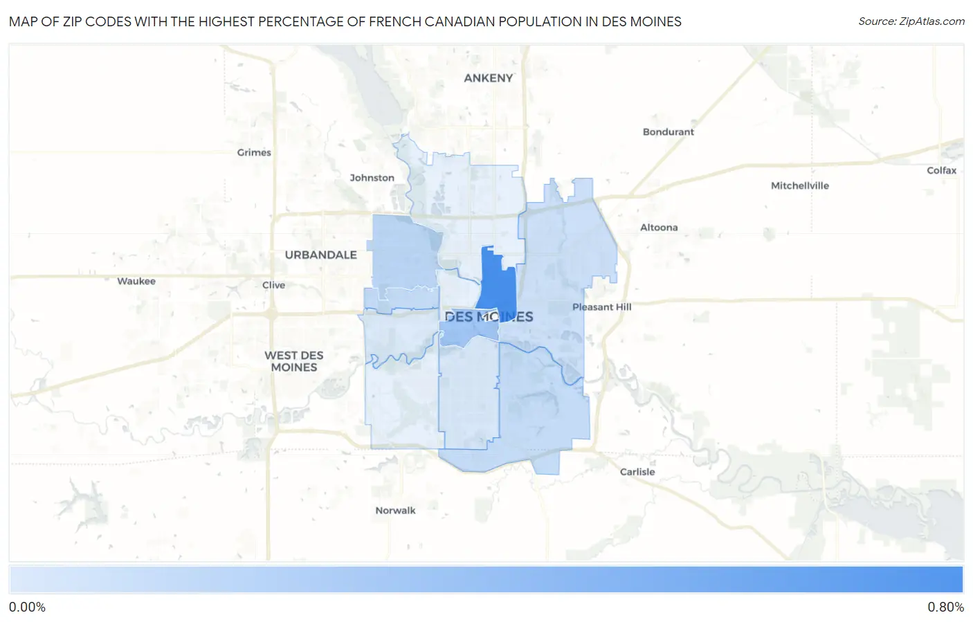 Zip Codes with the Highest Percentage of French Canadian Population in Des Moines Map