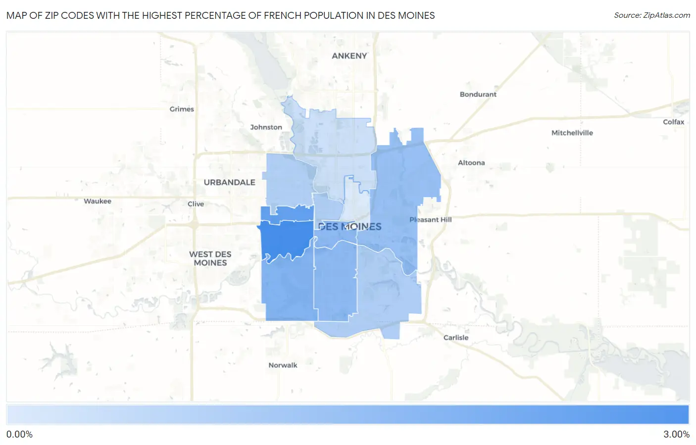 Zip Codes with the Highest Percentage of French Population in Des Moines Map