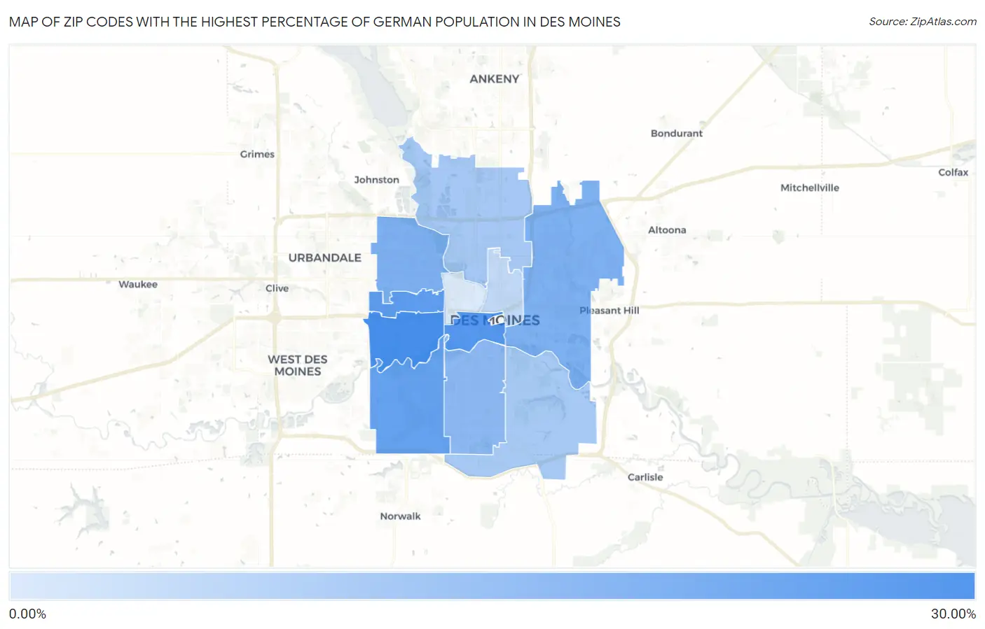 Zip Codes with the Highest Percentage of German Population in Des Moines Map
