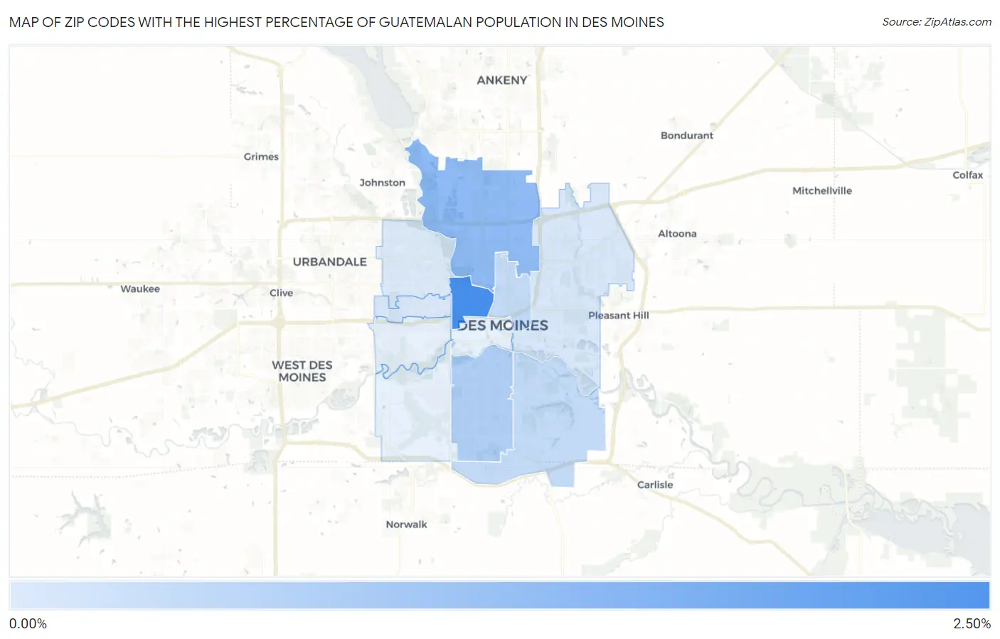 Zip Codes with the Highest Percentage of Guatemalan Population in Des Moines Map