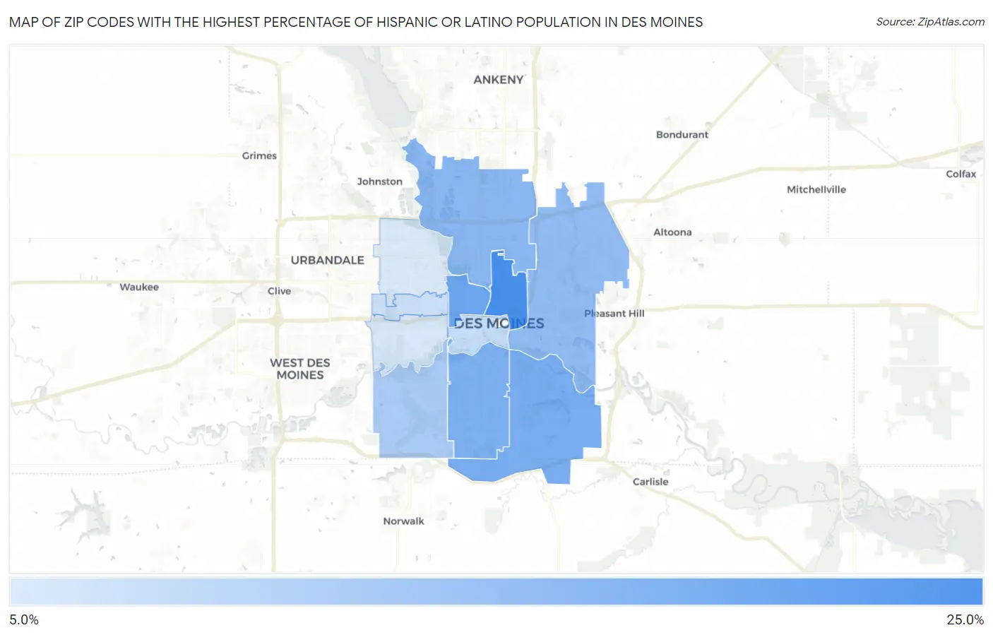 Zip Codes with the Highest Percentage of Hispanic or Latino Population in Des Moines Map