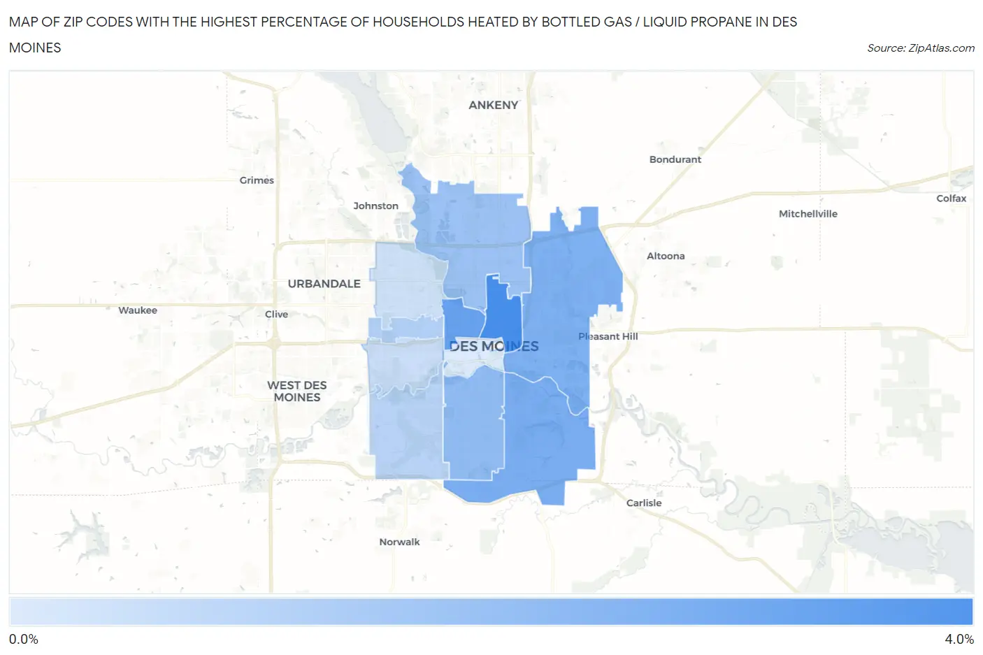 Zip Codes with the Highest Percentage of Households Heated by Bottled Gas / Liquid Propane in Des Moines Map