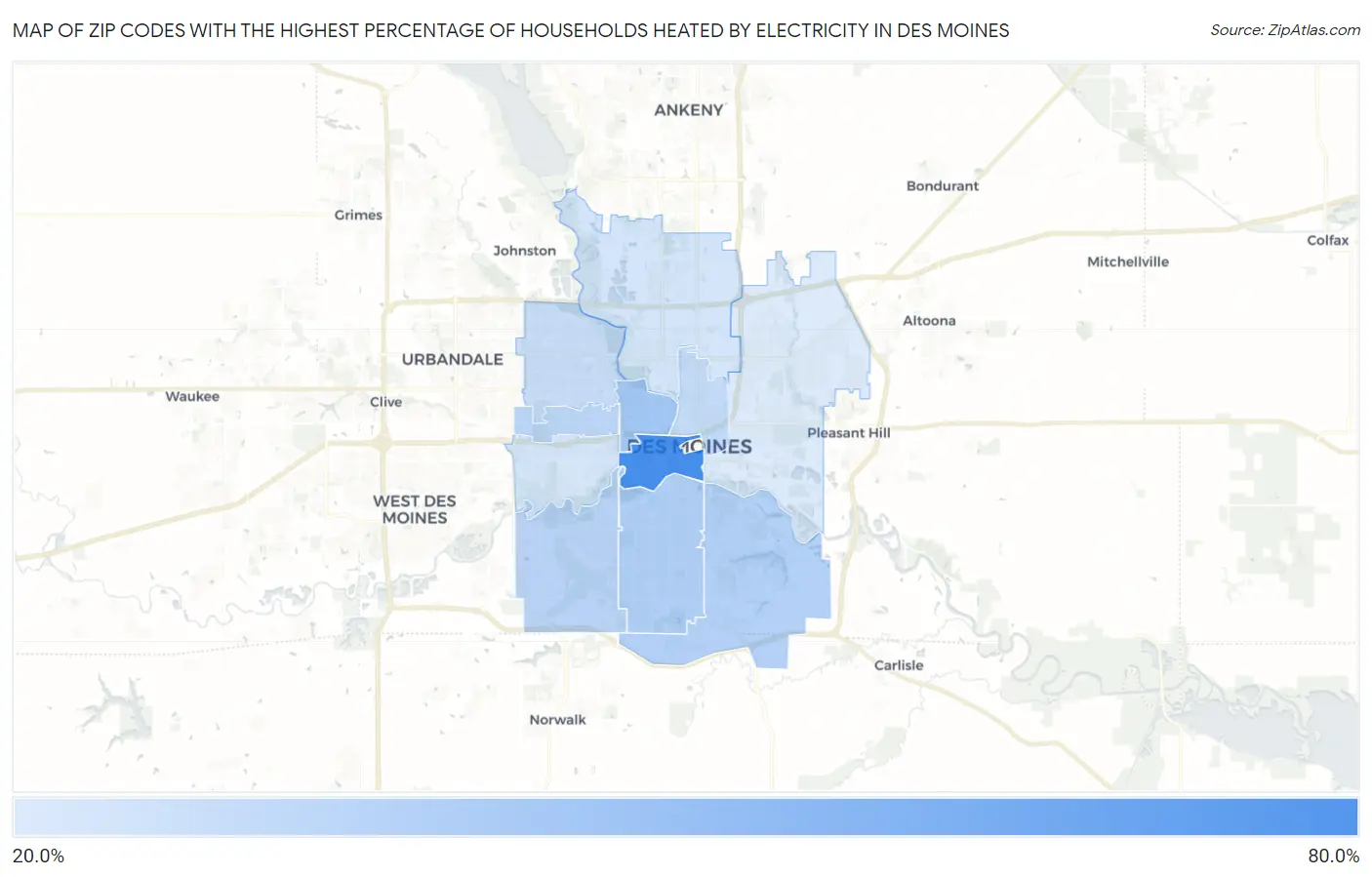 Zip Codes with the Highest Percentage of Households Heated by Electricity in Des Moines Map