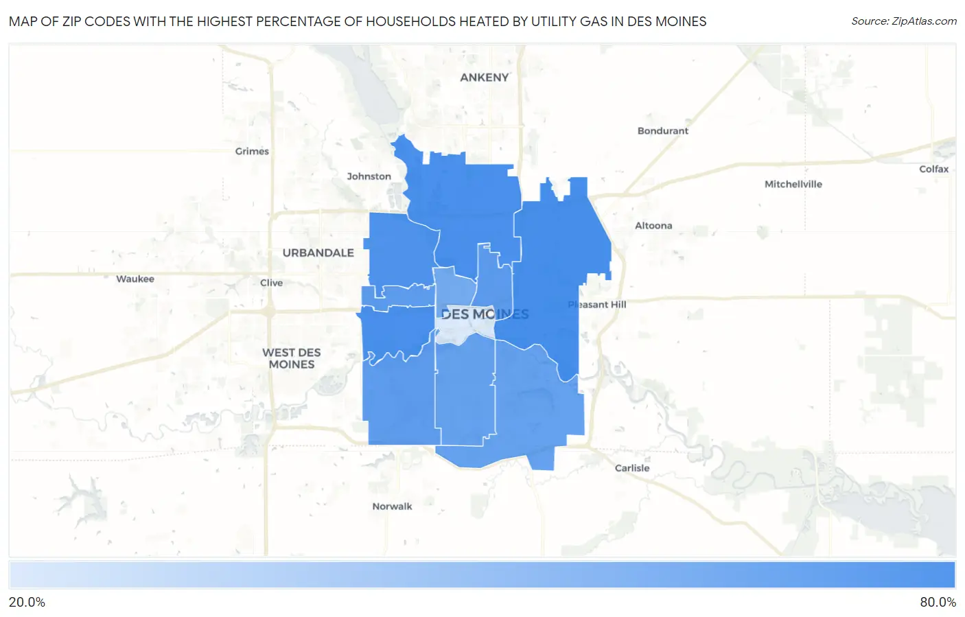 Zip Codes with the Highest Percentage of Households Heated by Utility Gas in Des Moines Map