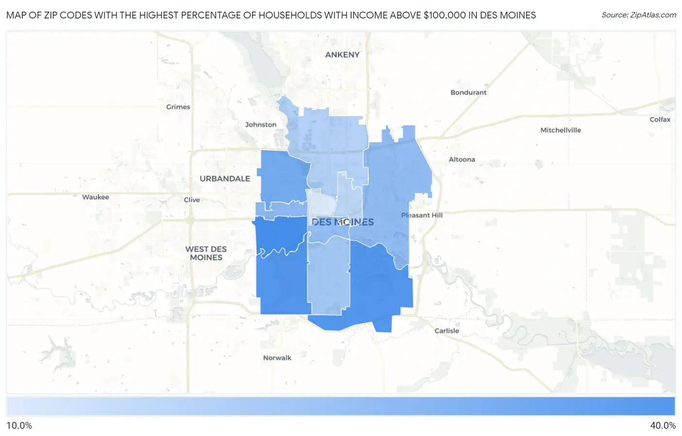 Zip Codes with the Highest Percentage of Households with Income Above $100,000 in Des Moines Map