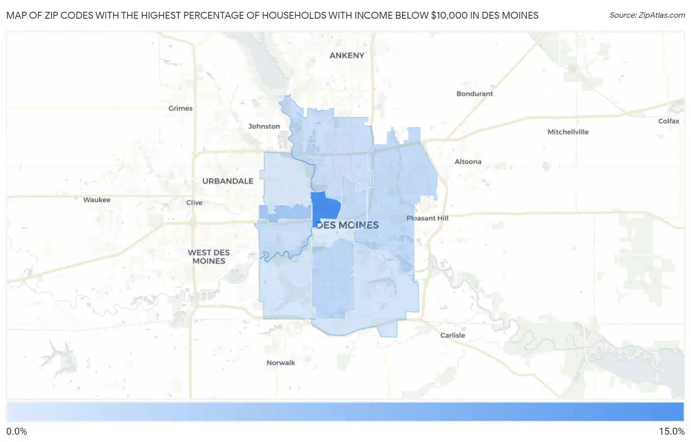 Zip Codes with the Highest Percentage of Households with Income Below $10,000 in Des Moines Map