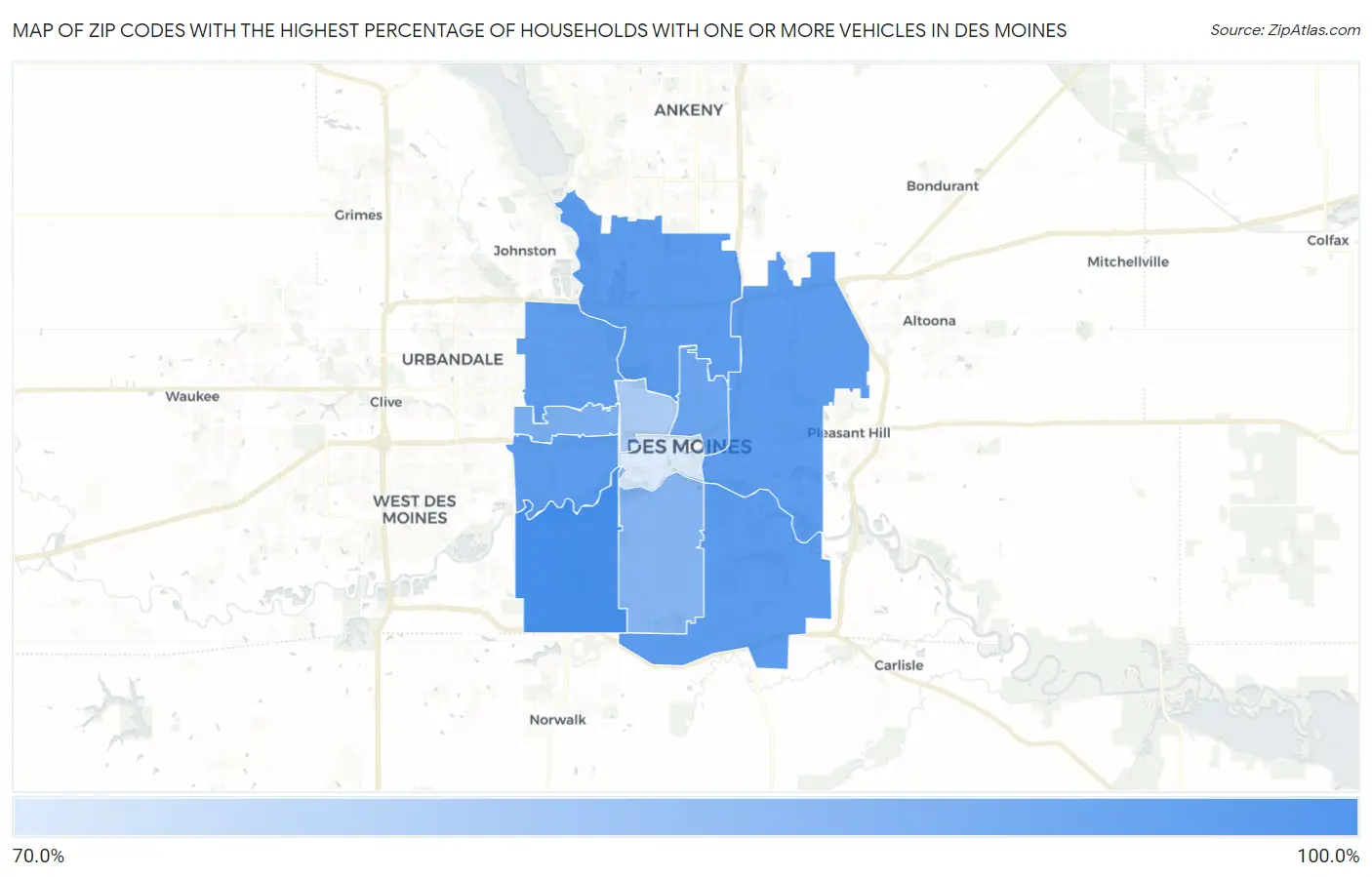 Zip Codes with the Highest Percentage of Households With One or more Vehicles in Des Moines Map