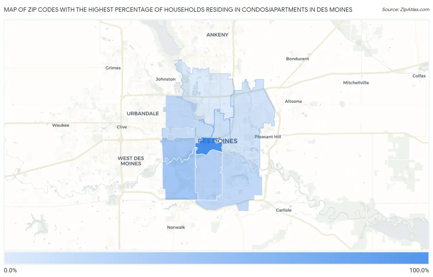 Zip Codes with the Highest Percentage of Households Residing in Condos/Apartments in Des Moines Map