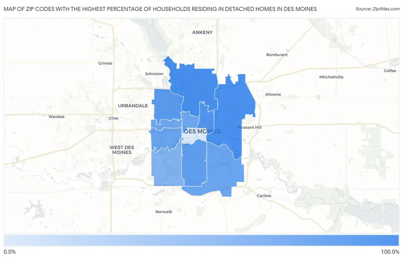Zip Codes with the Highest Percentage of Households Residing in Detached Homes in Des Moines Map