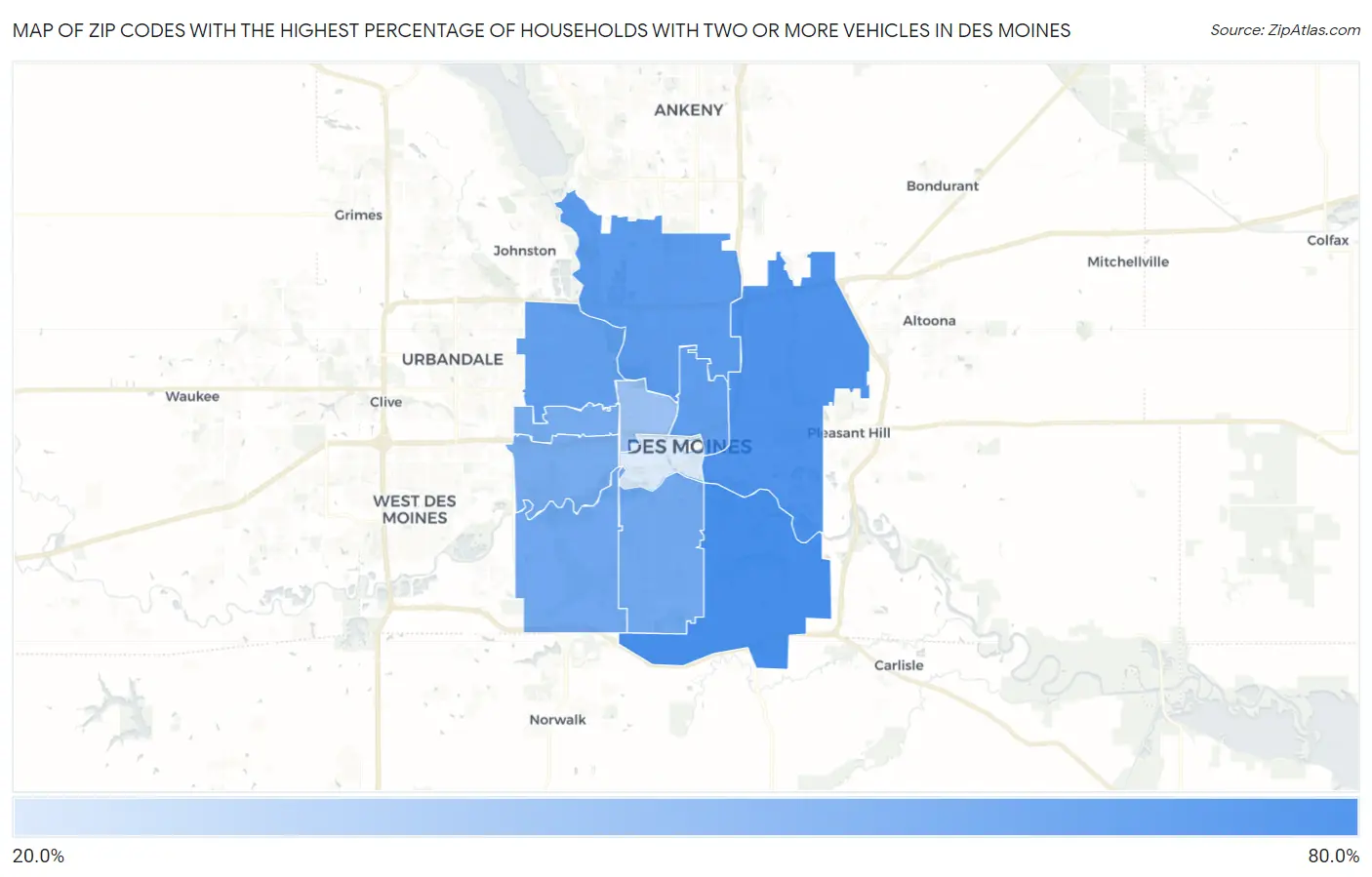 Zip Codes with the Highest Percentage of Households With Two or more Vehicles in Des Moines Map