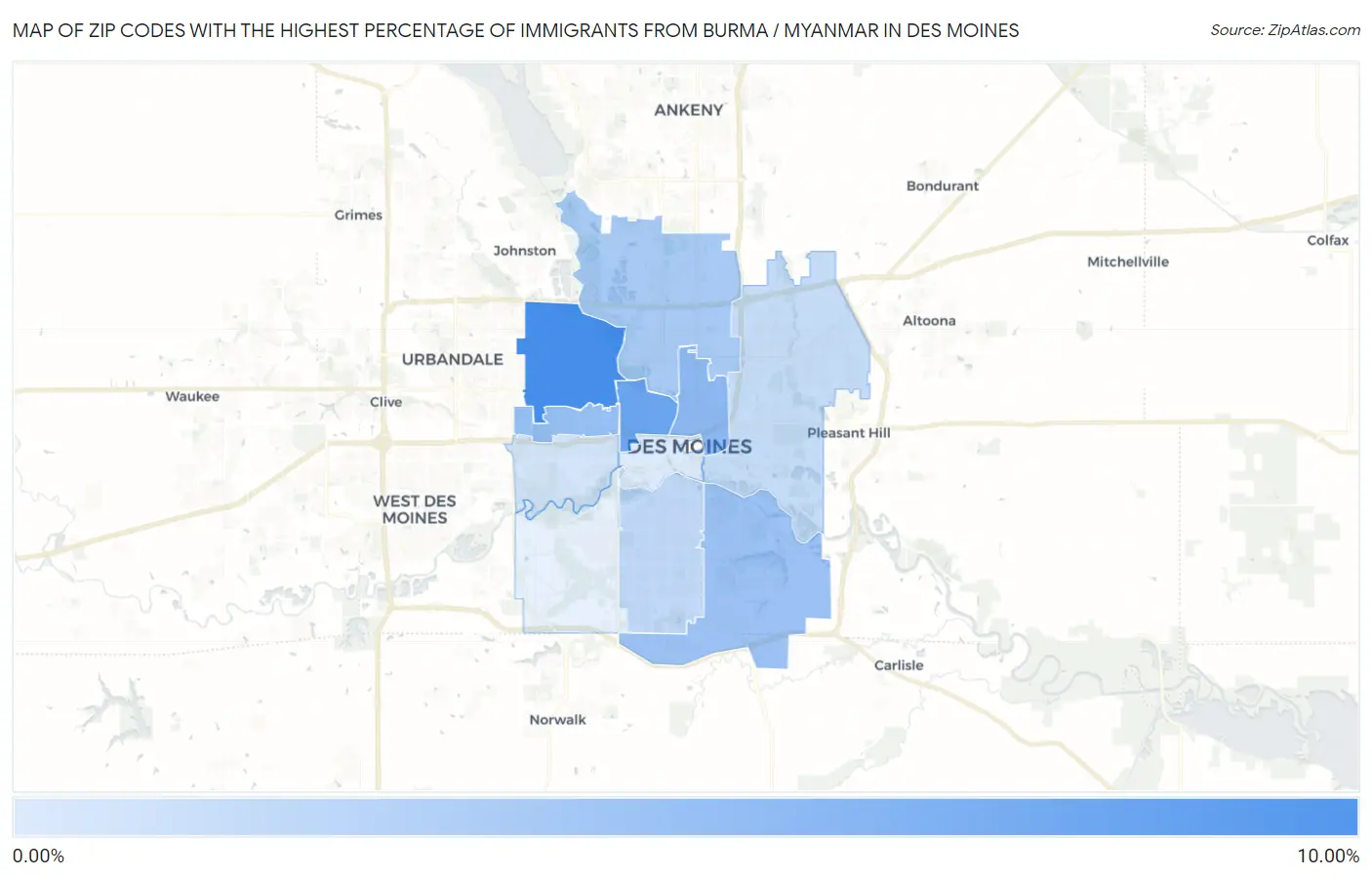 Zip Codes with the Highest Percentage of Immigrants from Burma / Myanmar in Des Moines Map