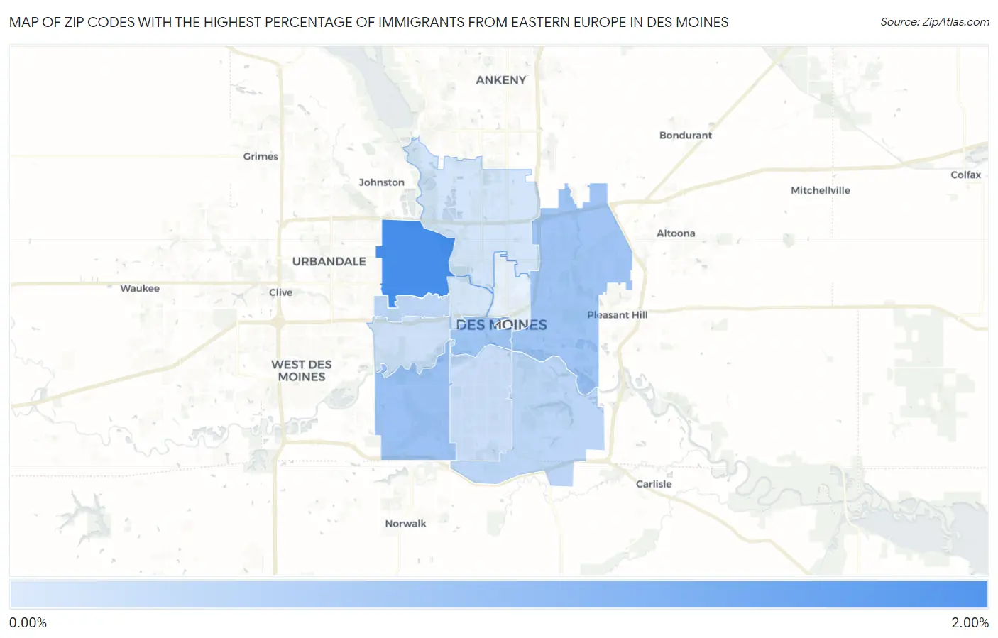 Zip Codes with the Highest Percentage of Immigrants from Eastern Europe in Des Moines Map
