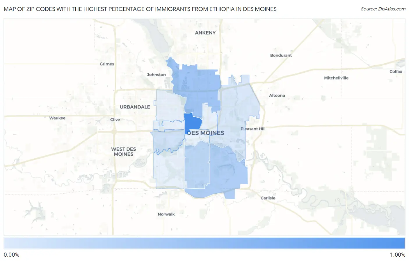 Zip Codes with the Highest Percentage of Immigrants from Ethiopia in Des Moines Map