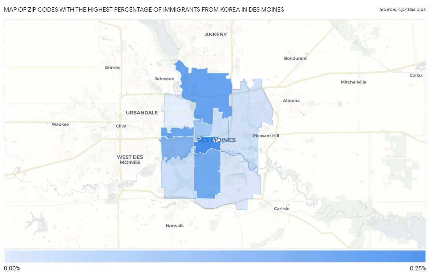 Zip Codes with the Highest Percentage of Immigrants from Korea in Des Moines Map