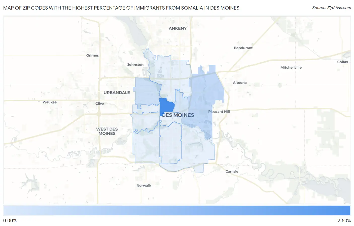 Zip Codes with the Highest Percentage of Immigrants from Somalia in Des Moines Map