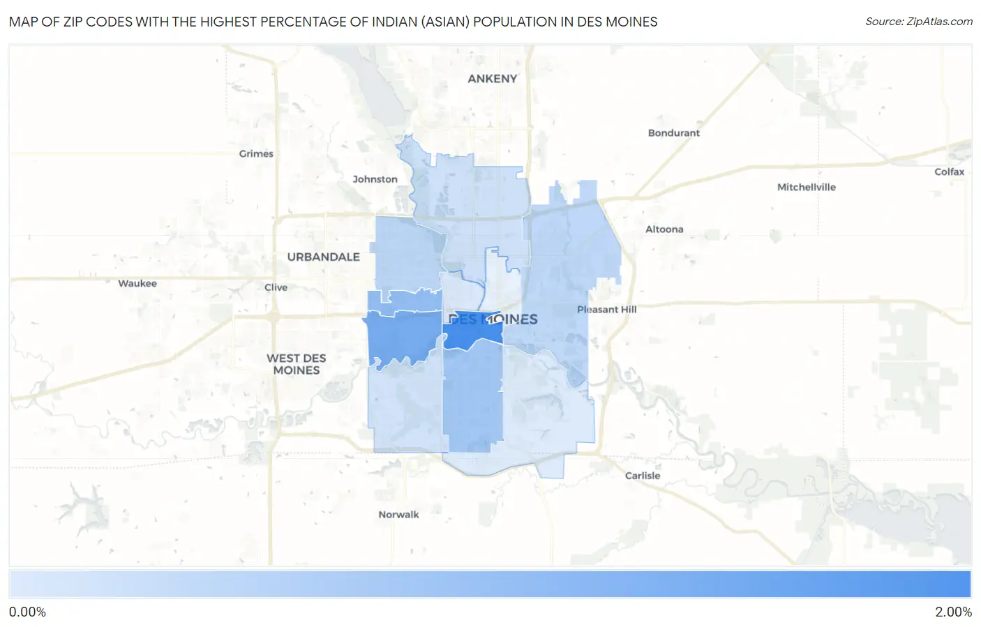 Zip Codes with the Highest Percentage of Indian (Asian) Population in Des Moines Map