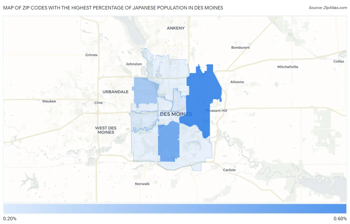 Zip Codes with the Highest Percentage of Japanese Population in Des Moines Map