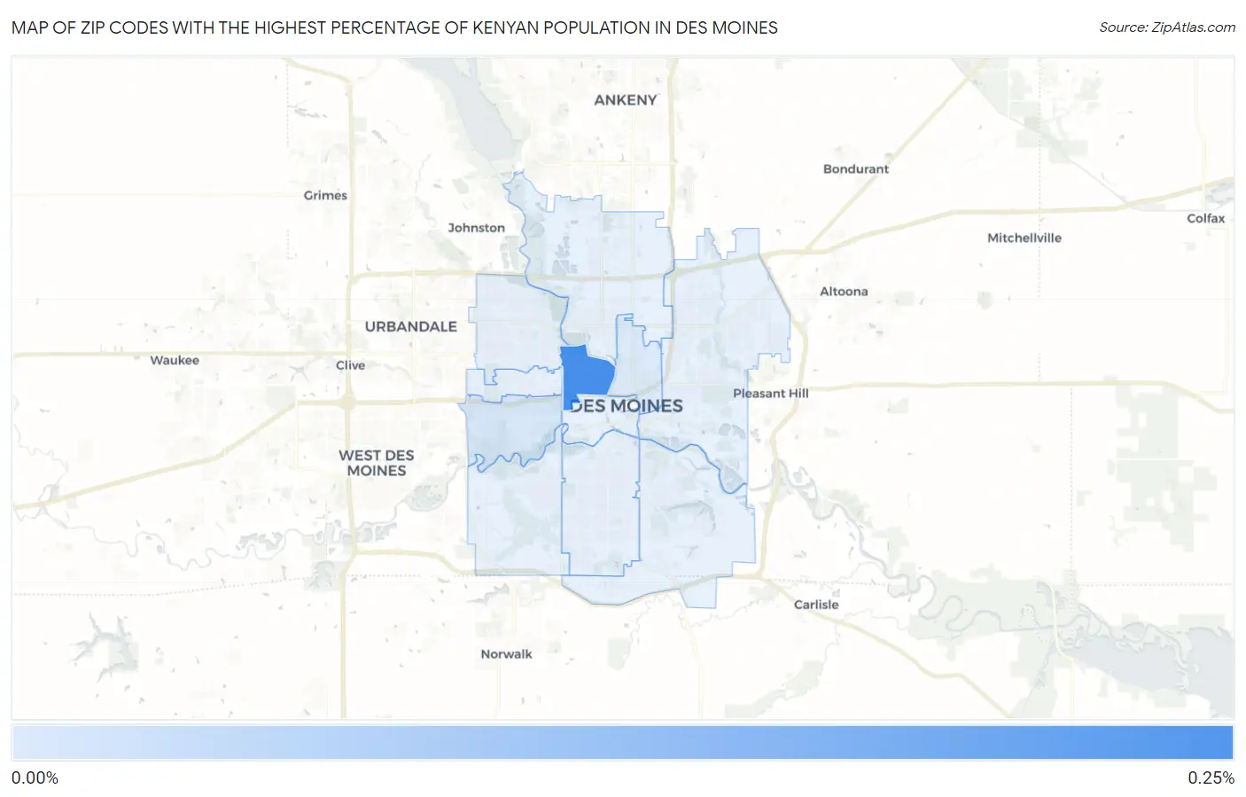 Zip Codes with the Highest Percentage of Kenyan Population in Des Moines Map