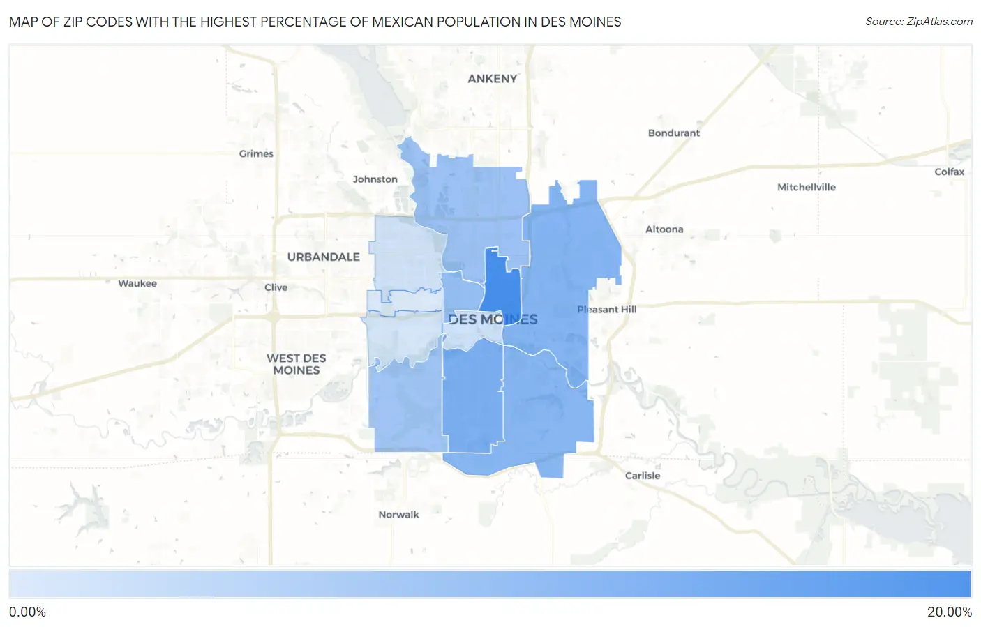 Zip Codes with the Highest Percentage of Mexican Population in Des Moines Map