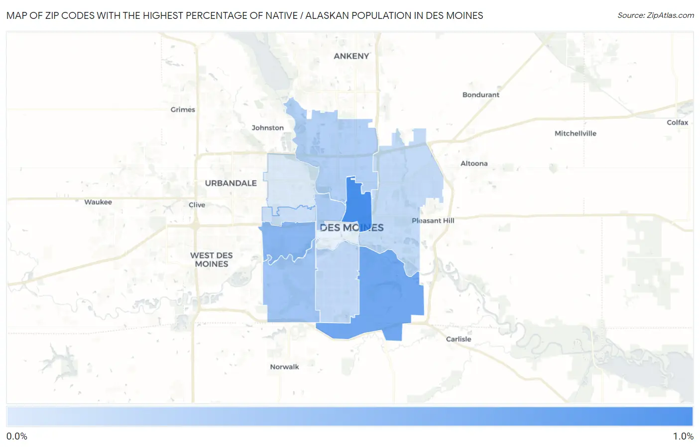Zip Codes with the Highest Percentage of Native / Alaskan Population in Des Moines Map