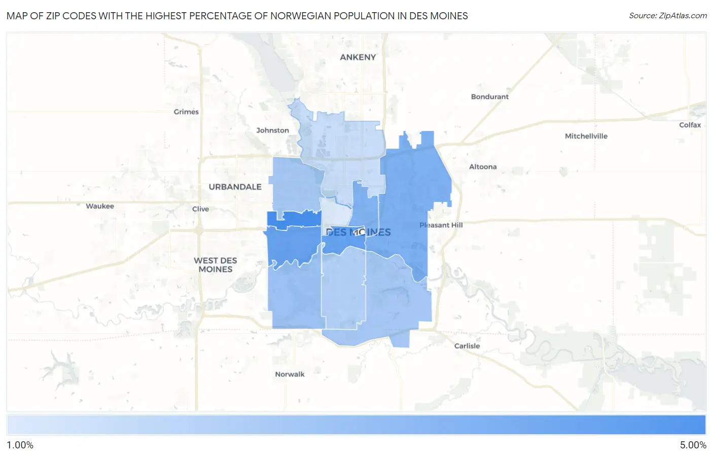 Zip Codes with the Highest Percentage of Norwegian Population in Des Moines Map