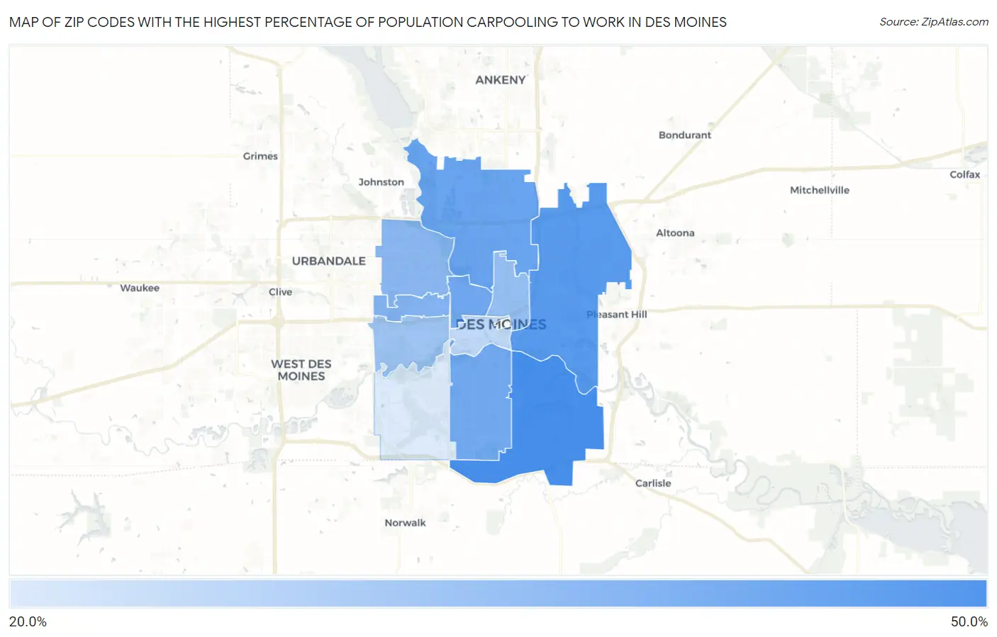 Zip Codes with the Highest Percentage of Population Carpooling to Work in Des Moines Map