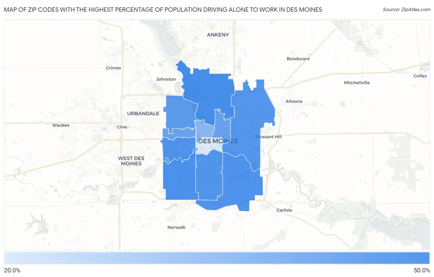 Zip Codes with the Highest Percentage of Population Driving Alone to Work in Des Moines Map