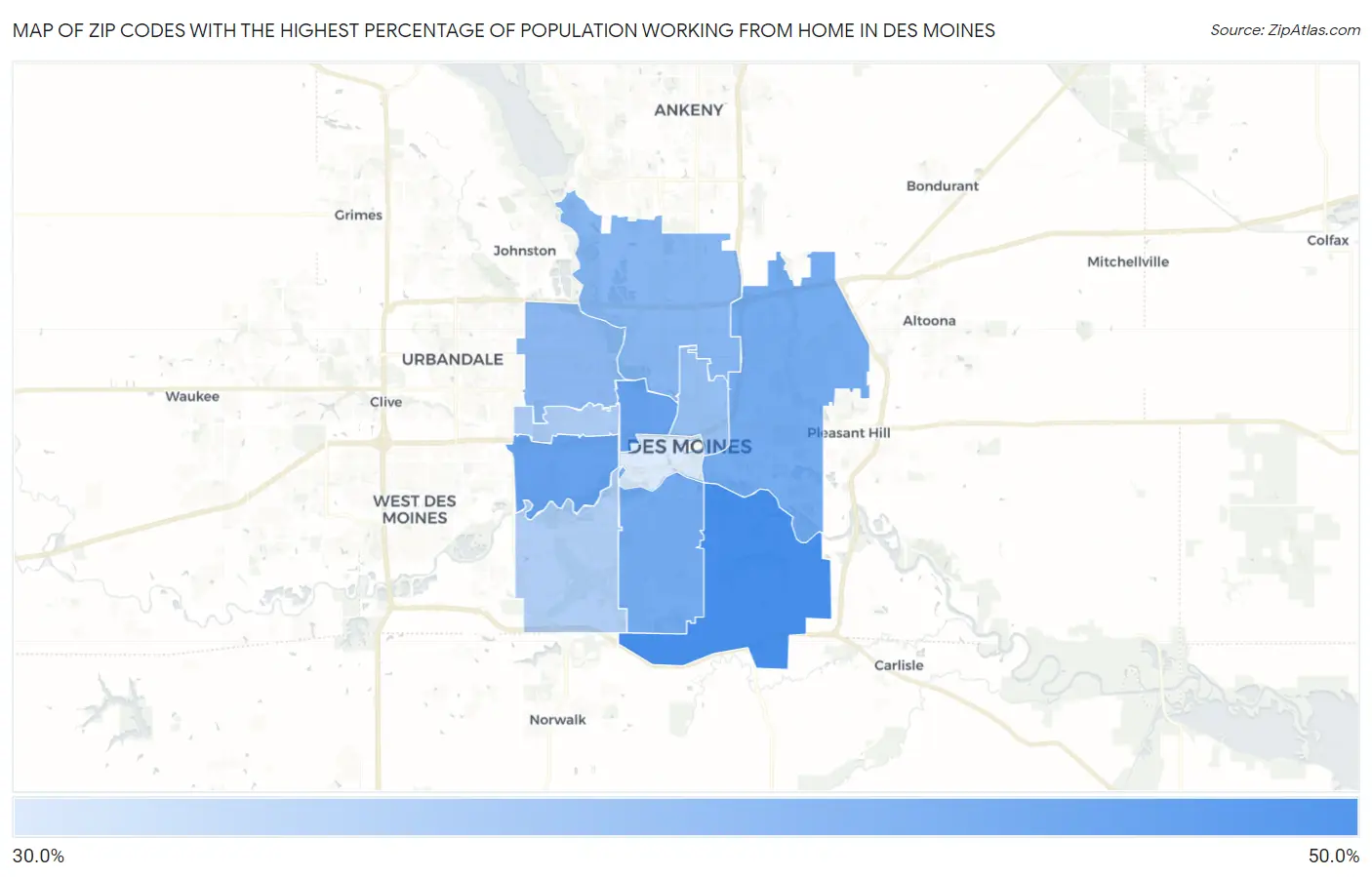 Zip Codes with the Highest Percentage of Population Working from Home in Des Moines Map