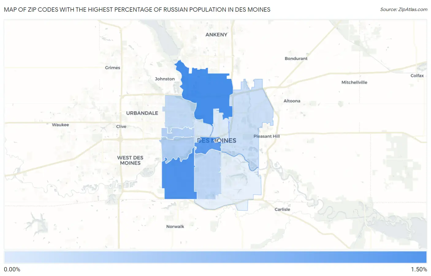 Zip Codes with the Highest Percentage of Russian Population in Des Moines Map