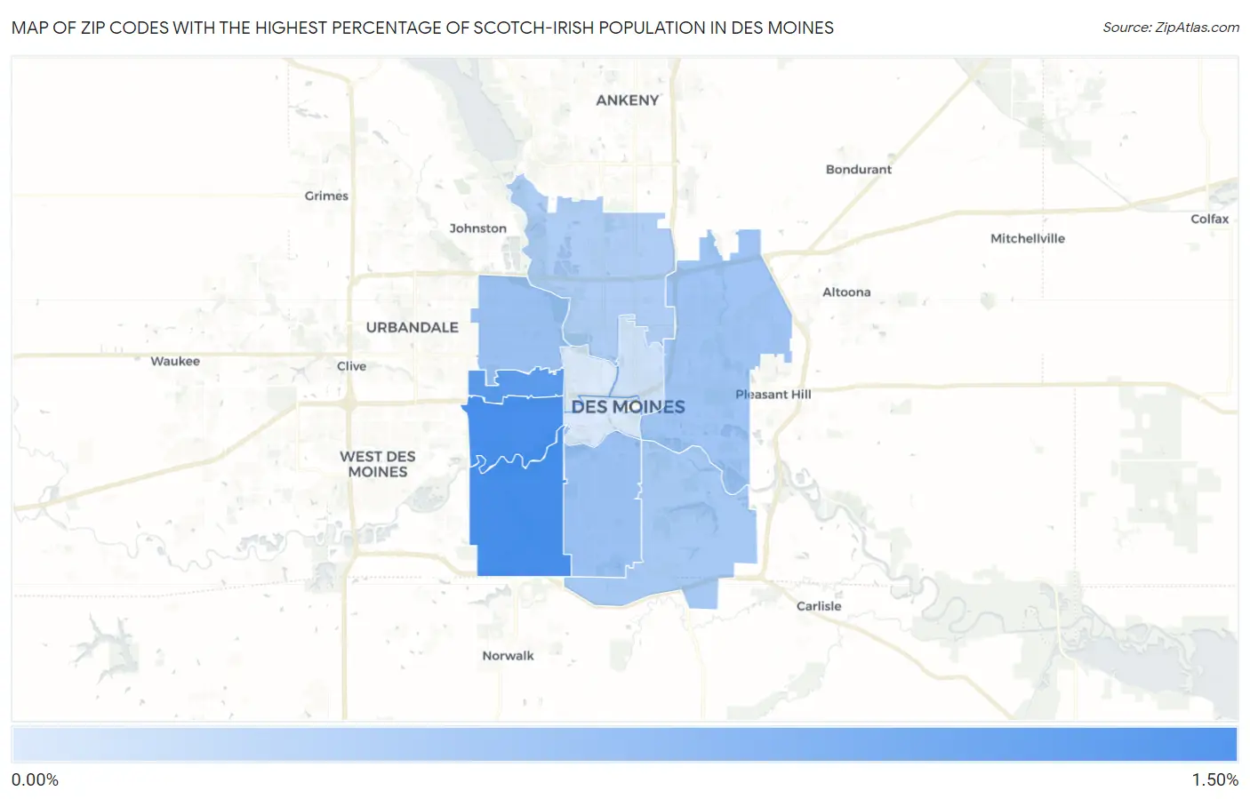 Zip Codes with the Highest Percentage of Scotch-Irish Population in Des Moines Map