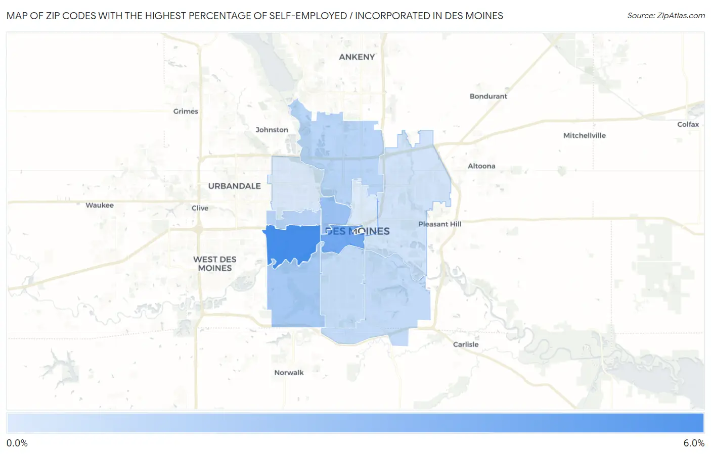 Zip Codes with the Highest Percentage of Self-Employed / Incorporated in Des Moines Map