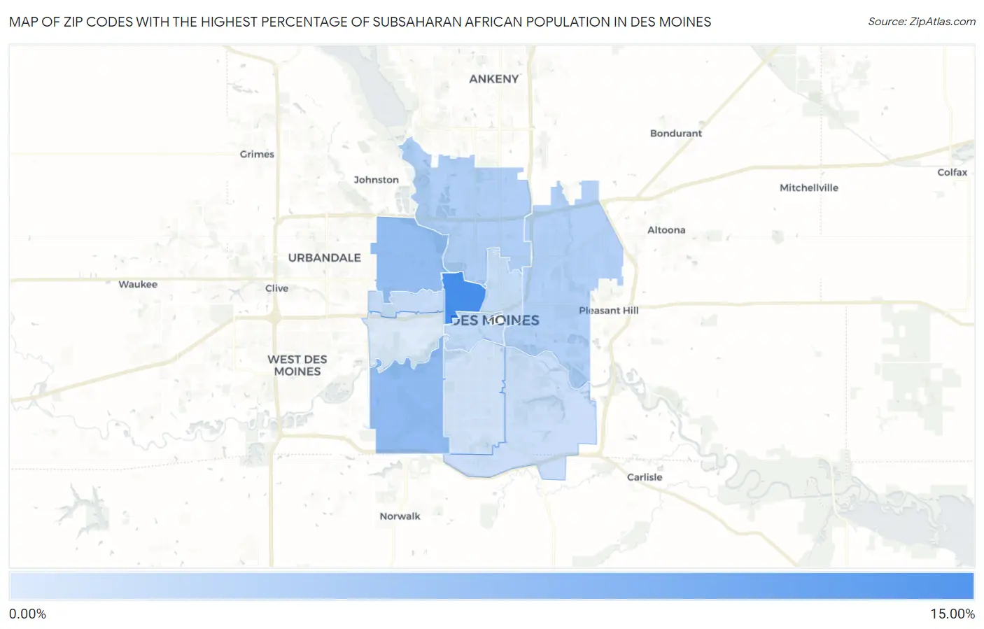 Zip Codes with the Highest Percentage of Subsaharan African Population in Des Moines Map