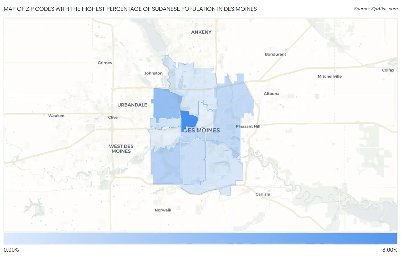 Zip Codes with the Highest Percentage of Sudanese Population in Des Moines Map